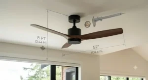 Diagram of a convertible ceiling fan flush mount installation for standard eight-foot ceilings common in Canadian basements and condos.