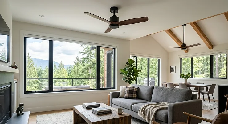 A modern Canadian living room showcasing a convertible ceiling fan installed flush or with a downrod to accommodate both low and high vaulted ceilings.
