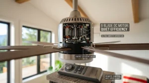 A cutaway diagram reveals the internal components of a quiet DC motor and shows a multi-button remote control device for managing speed and lighting on a 6-blade ceiling fan. (Illustration 3)