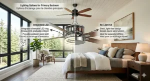 Illustration showing the integrated, dimmable LED lighting features of a ceiling fan for a primary bedroom.