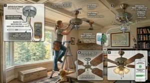 Step-by-step safety illustration detailing the DIY electrical wiring and mounting process for installing traditional ceiling fans safely.