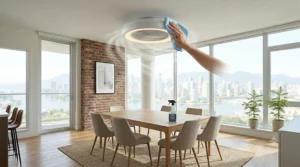 Infographic showing how to quickly clean a dust-free bladeless ceiling fan, improving indoor air quality in Canadian households.