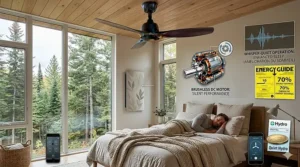 An eco-friendly illustration showing how inverter ceiling fan benefits align with sustainable, low-carbon Canadian household living.