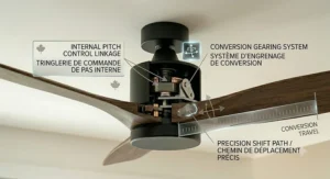 Infographic demonstrating how a convertible ceiling fan flush or downrod setup lowers eco-friendly home heating and cooling costs in Canada.
