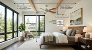 Illustration of a low-profile, flush mount ceiling fan for a primary bedroom with lower ceiling heights.