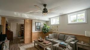 Illustration of a low-profile hugger ceiling fan for high humidity basement rec rooms with dropped ceilings.