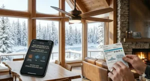 Illustration of an A-frame Canadian cabin showing a ceiling fan redistributing trapped heat from high ceilings during winter.