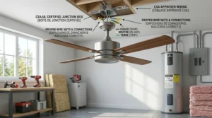 Step-by-step installation blueprint and electrical wiring diagram for a residential 4 blade ceiling fan setup.