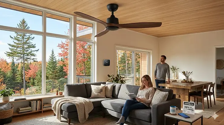 A modern Canadian living room featuring a premium wood-blade inverter ceiling fan that maximizes indoor comfort and energy efficiency during seasonal climate changes.