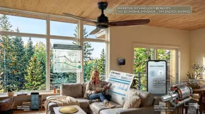 A bright interior illustration highlighting the summer cooling and wind-chill benefits of an inverter ceiling fan.