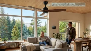 An infographic demonstrating the winter reverse mode benefit of an inverter ceiling fan, recirculating trapped heat during cold Canadian winters.