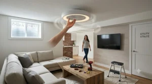 Low-profile flush mount bladeless ceiling fan installed in a finished Canadian basement apartment with low clearance.