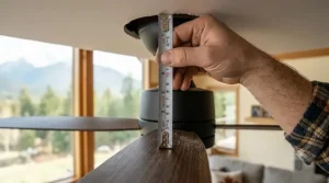 Using a tape measure to check uniform blade height so the Canadian homeowner's ceiling fan won't wobble.