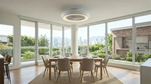 Minimalist Canadian dining room interior design featuring an elegant white bladeless ceiling fan with built-in dimmable lighting.