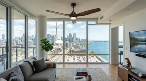 ng fan installed in a bright, minimalist Canadian living room with city views.