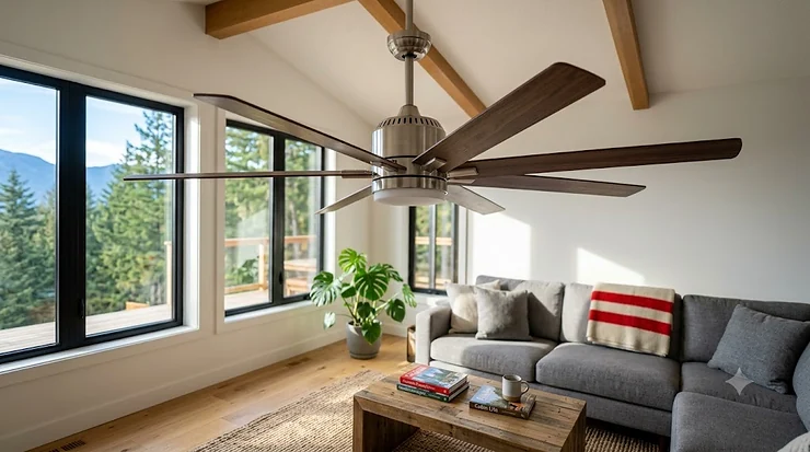 A modern brushed nickel 6-blade ceiling fan with integrated light is mounted on a vaulted wood-beamed ceiling in a bright living room, showing large black-framed windows viewing a Canadian forest and mountains, a grey sofa, and a Hudson's Bay striped blanket. (Featured Image)