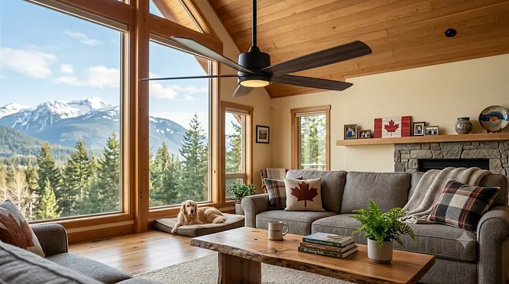A sleek, modern ceiling fan spinning smoothly in a bright Canadian living room, perfectly balanced so the ceiling fan won't wobble during hot summer days. ceiling fan won't wobble