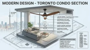 Technical 3D architectural cross-section of a modern 3 blade ceiling fan installation in a contemporary Toronto condo lounge.