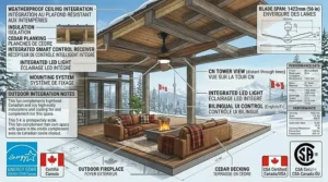 Weatherproof outdoor 3 blade ceiling fan mounted on a covered wooden patio deck in Canada.