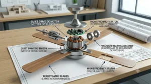 Exploded view illustration detailing the quiet DC motor mechanics inside a high-efficiency 4 blade ceiling fan.