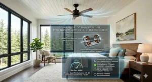 An infographic comparing DC and AC motors for a ceiling fan for a primary bedroom, highlighting whisper-quiet performance.