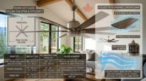 An informational graphic with clear diagrams and text labels charts different room dimensions and provides specific recommendations for ideal 6-blade ceiling fan blade spans to ensure optimal performance. (Illustration 8)