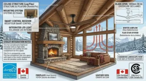 Rustic wooden 3 blade ceiling fan spinning in a cozy Canadian log chalet living room with a fireplace.
