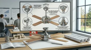 Architectural illustration showing a 4 blade ceiling fan securely mounted to an angled or sloped chalet-style ceiling downrod.