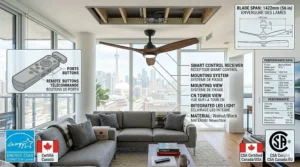 Detailed technical breakdown and product data sheet for a smart 3 blade ceiling fan with Canadian safety certifications.