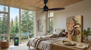 A smart home app interface displaying the multi-speed control benefits of a modern inverter ceiling fan in Canada.