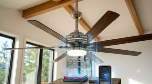 A close-up shot focuses on the fan's central illuminated LED light kit, with digital overlays showing technical data like dimming percentages and color temperature options for smart lighting control. (Illustration 4)