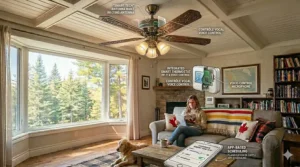 Concept drawing of traditional ceiling fans equipped with hidden smart home technology, allowing remote and voice control integration.
