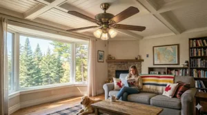 Sizing guide infographic for traditional ceiling fans, mapping blade span to room dimensions in square feet and meters for Canadian homeowners.