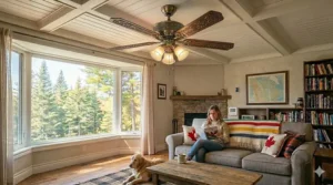 Product illustration displaying premium wood blade finishes for traditional ceiling fans, featuring classic Canadian maple, dark walnut, and oak textures.