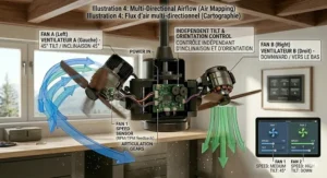 Airflow directional mapping illustration of a twin motor ceiling fan with independent control, directing customized air currents to different zones in an open-concept room.