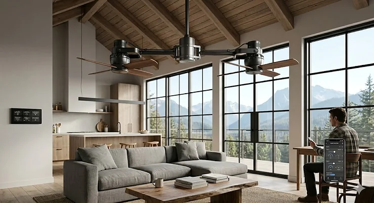Modern Canadian living room featuring a twin motor ceiling fan with independent control, showcasing dual directional airflow for energy-efficient home comfort.