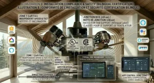 Installation safety illustration for a twin motor ceiling fan with independent control, highlighting CSA certification standards for Canadian residential electrical compliance.