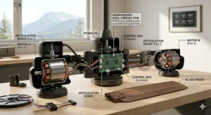 Technical illustration of a twin motor ceiling fan with independent control, showing the internal dual-motor mechanism engineered for reliable, multi-directional cooling.