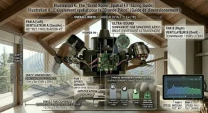 Room sizing and dimension guide for a twin motor ceiling fan with independent control, tailored for spacious Canadian great rooms, cottages, and high-ceiling lofts.