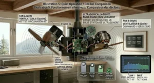 Decibel noise level comparison chart highlighting the quiet operation of a twin motor ceiling fan with independent control, ideal for Canadian bedrooms and home offices.
