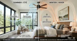 Illustration showing the reverse winter function of a ceiling fan for a primary bedroom, distributing heat in a Canadian home.