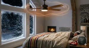 Comparison graphic showing proper summer versus winter ceiling fan directions for indoor climate control in Canada.