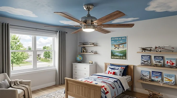 A modern Canadian kids bedroom featuring an airplane ceiling fan with wood blades, bringing a playful aviation theme to a bright home interior.