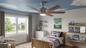 Diagram of an airplane ceiling fan showing reversible airflow for cooling Canadian homes in summer and distributing heat during winter.
