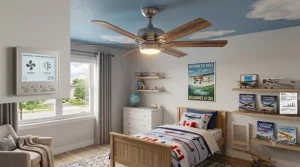 Clear measurement guide showing safe installation height clearance for an airplane ceiling fan on a standard residential ceiling.