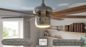 Minimalist illustration of a multi-speed remote control included with a contemporary airplane ceiling fan.