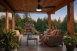 Sleek low-profile alexa ceiling fan installed in a cozy Canadian bedroom with dimmed smart lighting.