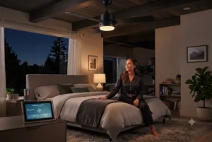 Weather-resistant outdoor alexa ceiling fan cooling a covered Canadian patio during a warm summer evening.