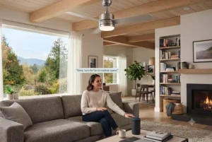 Diagram illustrating an alexa ceiling fan running in reverse mode to circulate warm air down during cold Canadian winters.