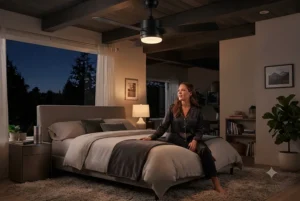 : Smartphone interface displaying app scheduling settings for an energy-efficient alexa ceiling fan.